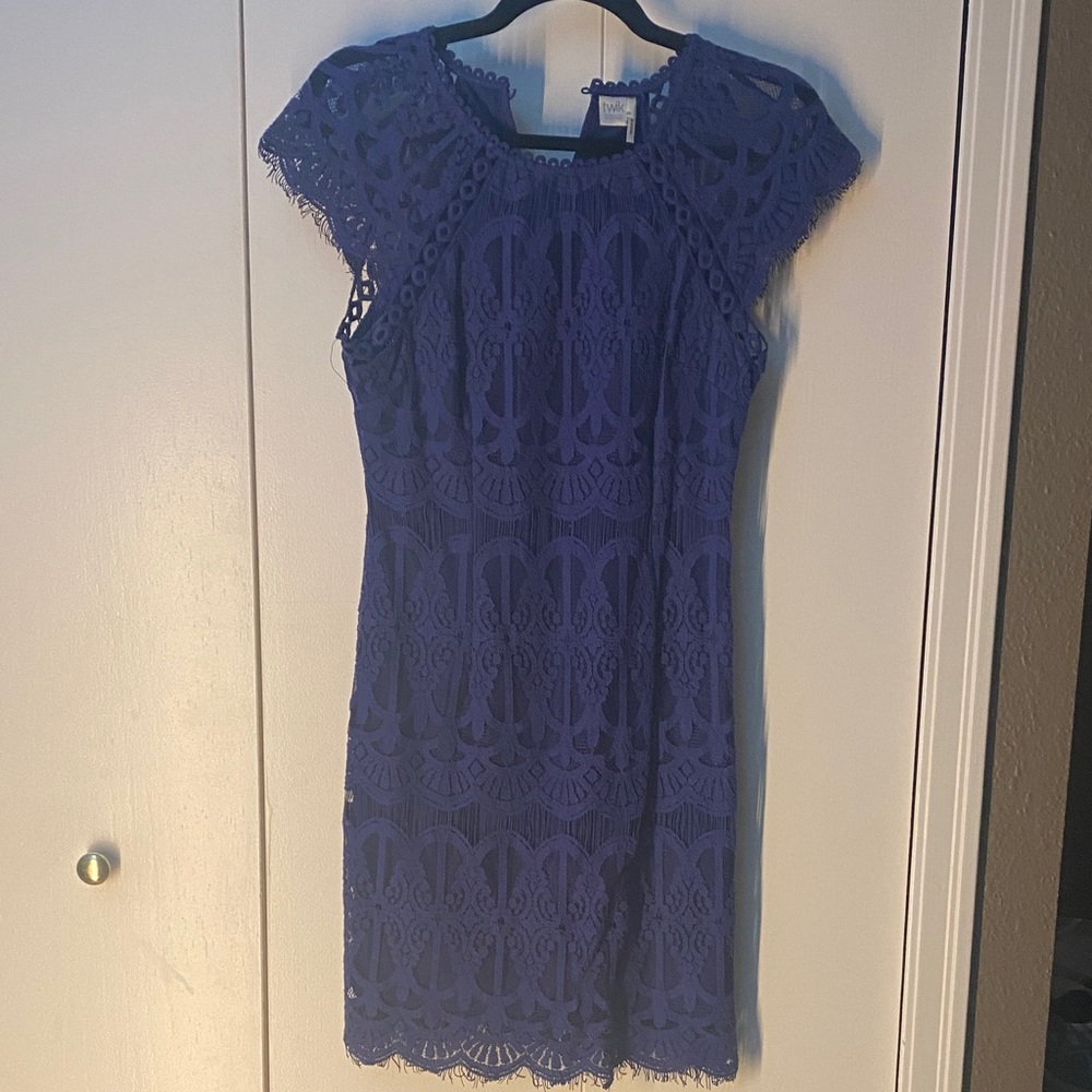 twik Royal Blue-Purple Lace Cap-Sleeve Mini Dress